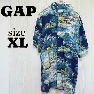 ギャップ(GAP)の美品【Gap】メンズXL アロハシャツ　半袖シャツ　青　ブルー　ヤシの木　海　夏(シャツ)