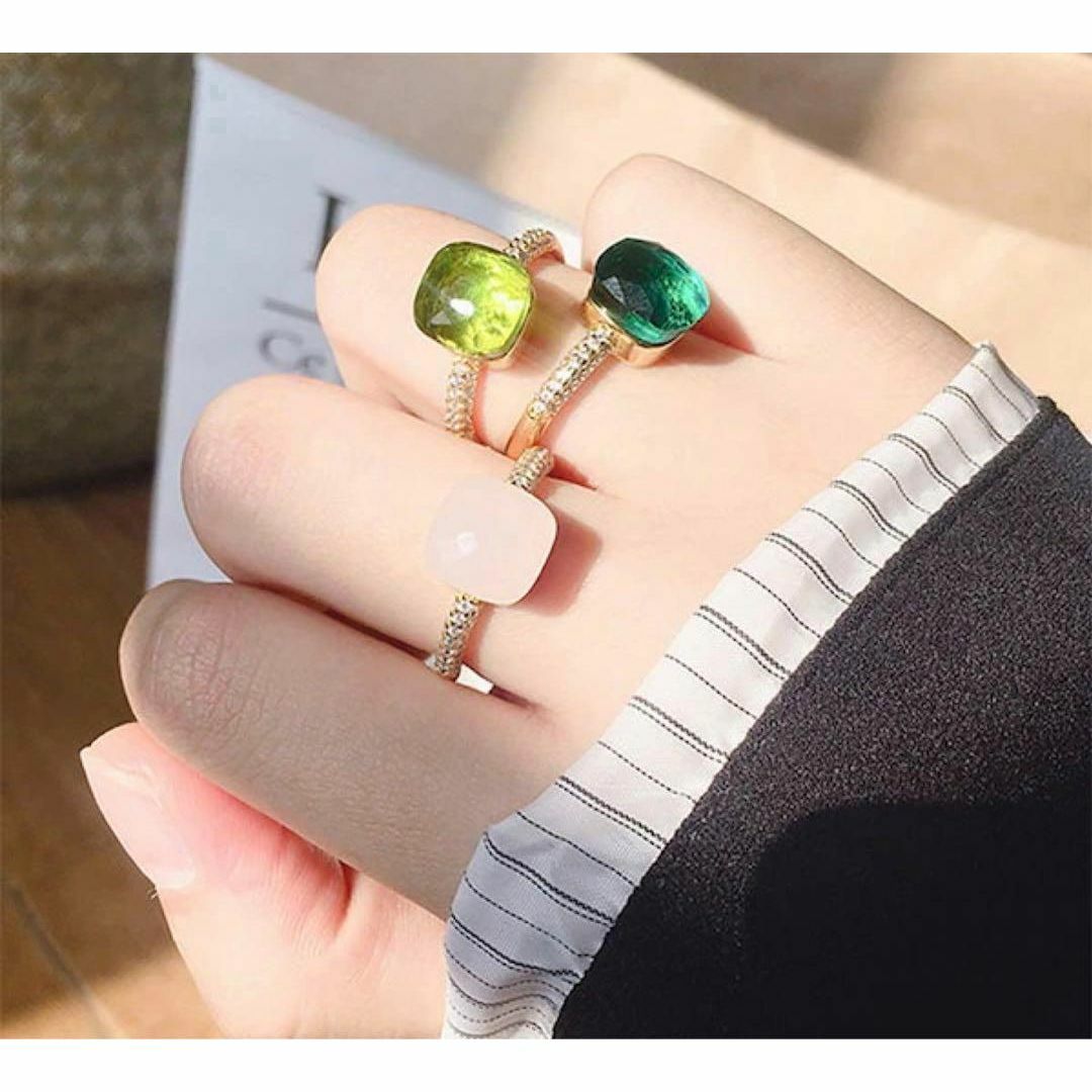 019緑×ゴールドキャンディーリング指輪ストーン ポメラート風ヌードリング レディースのアクセサリー(リング(指輪))の商品写真