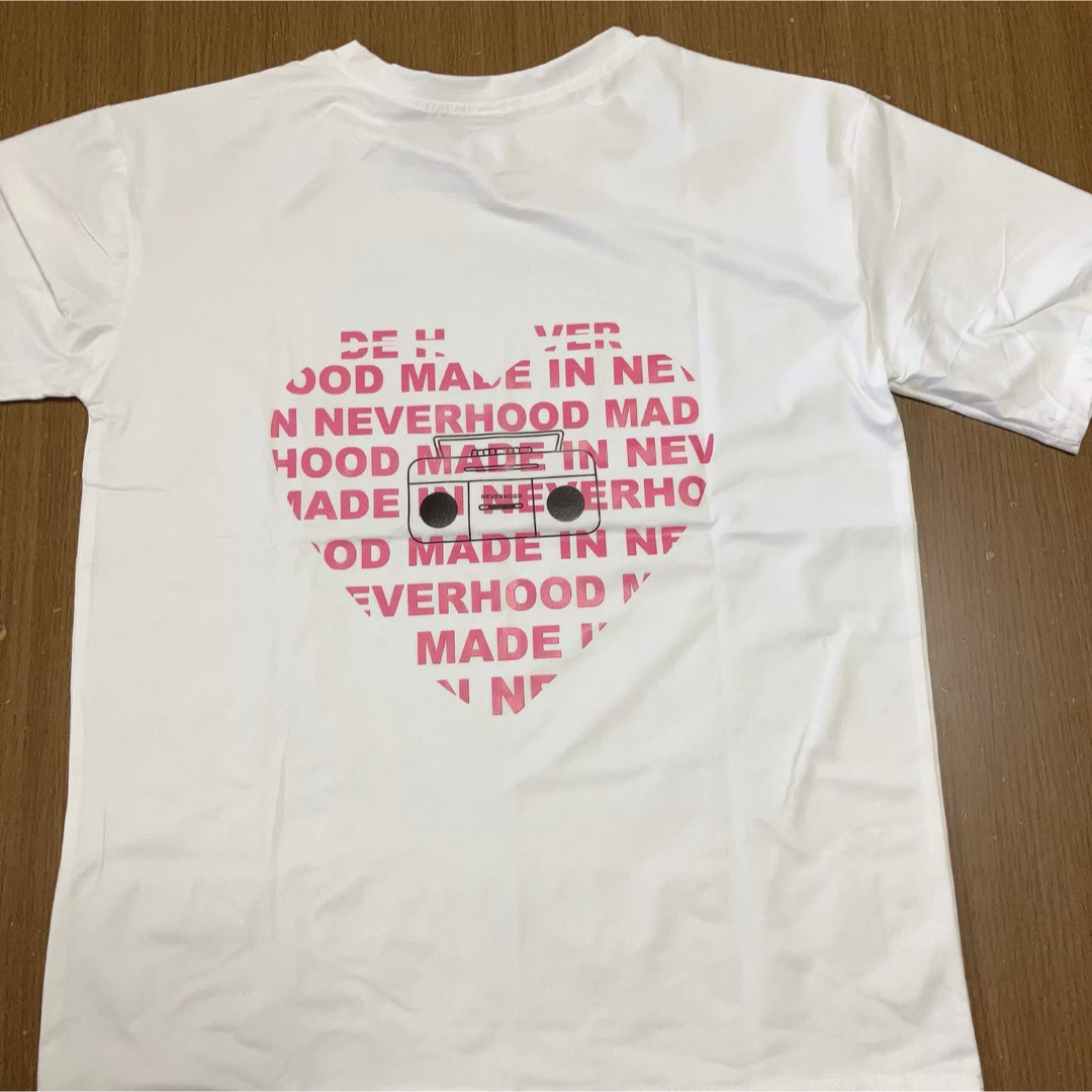 1205＊Mサイズ バックプリント ロゴ入り ハート 半袖 Tシャツ 黒 白 レディースのトップス(Tシャツ(半袖/袖なし))の商品写真