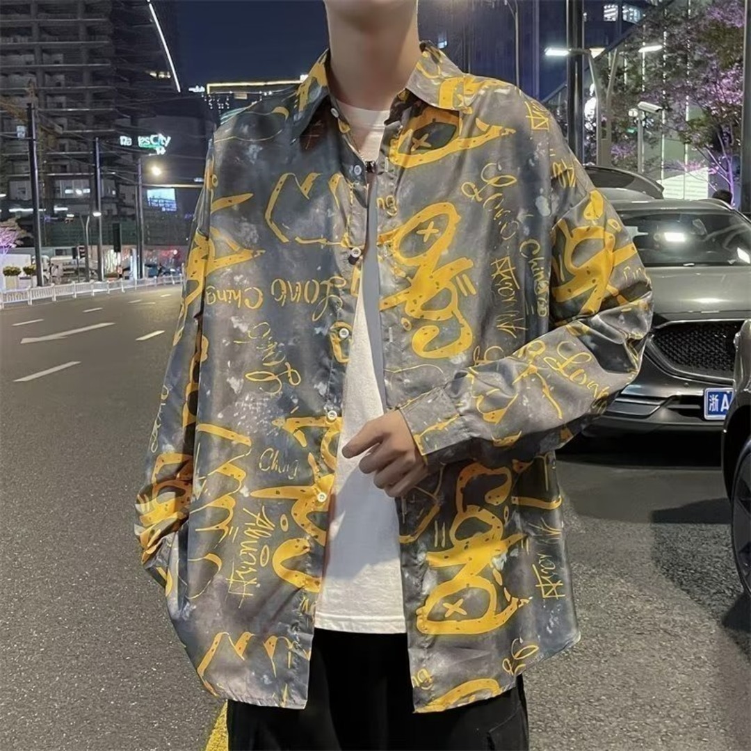 【人気】ギフト　ロンT　メンズ　XL　グレー　個性的　ストリート系　長袖　韓国 メンズのトップス(シャツ)の商品写真