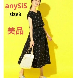 anySiS - 美品　エニィスィス　Vネックロングワンピース　黒　花柄　Lサイズ