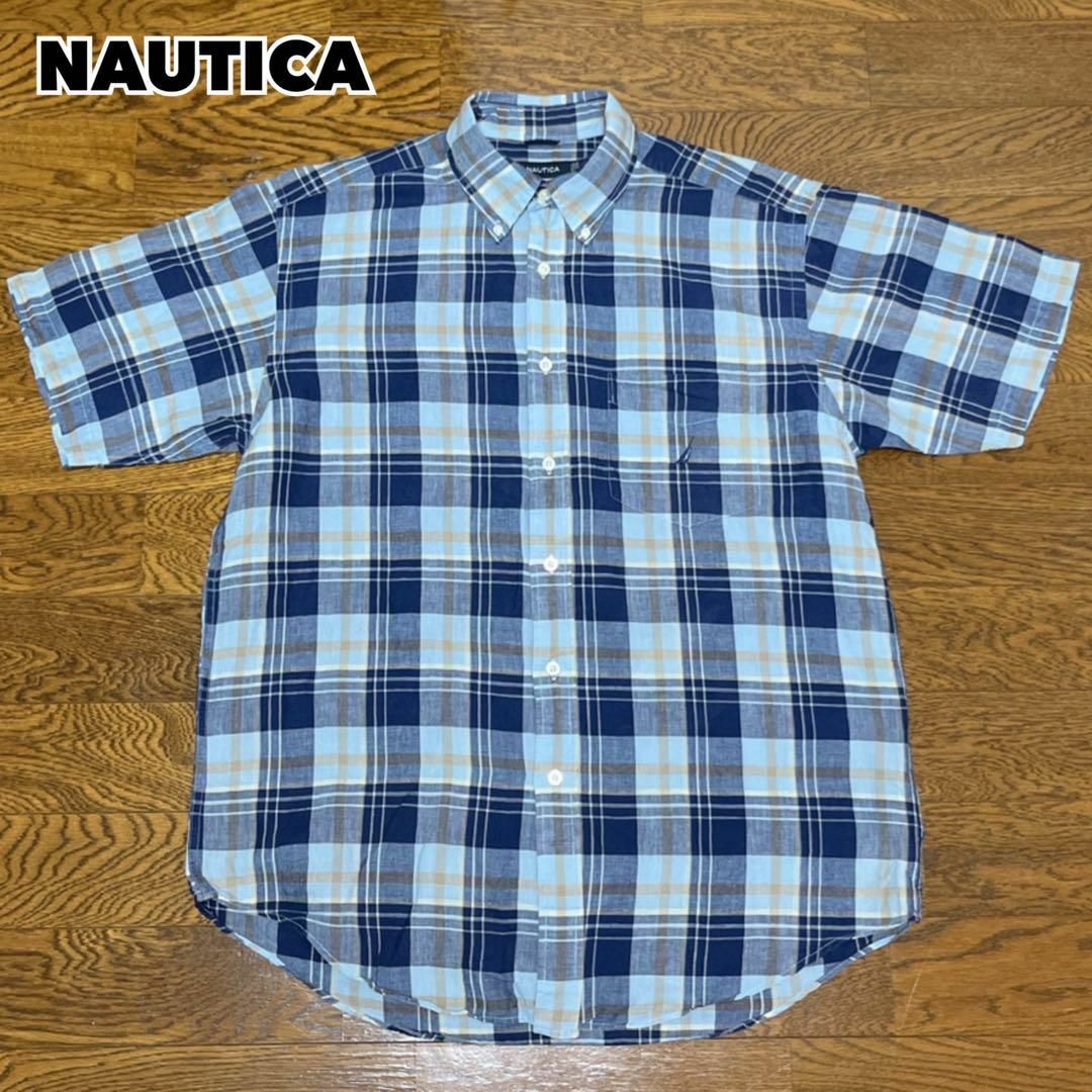 NAUTICA(ノーティカ)のNAUTICA ノーティカ チェックシャツ 半袖 刺繍ロゴ リネンブレンド メンズのトップス(Tシャツ/カットソー(半袖/袖なし))の商品写真