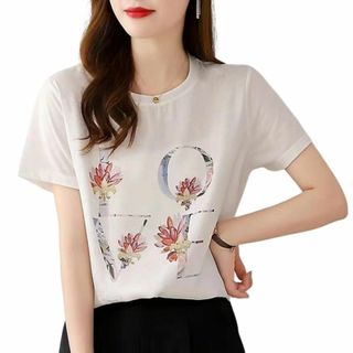 [UQQA] 爽やか Tシャツ レディース カットソー 花柄 プリント 半袖 丸(その他)