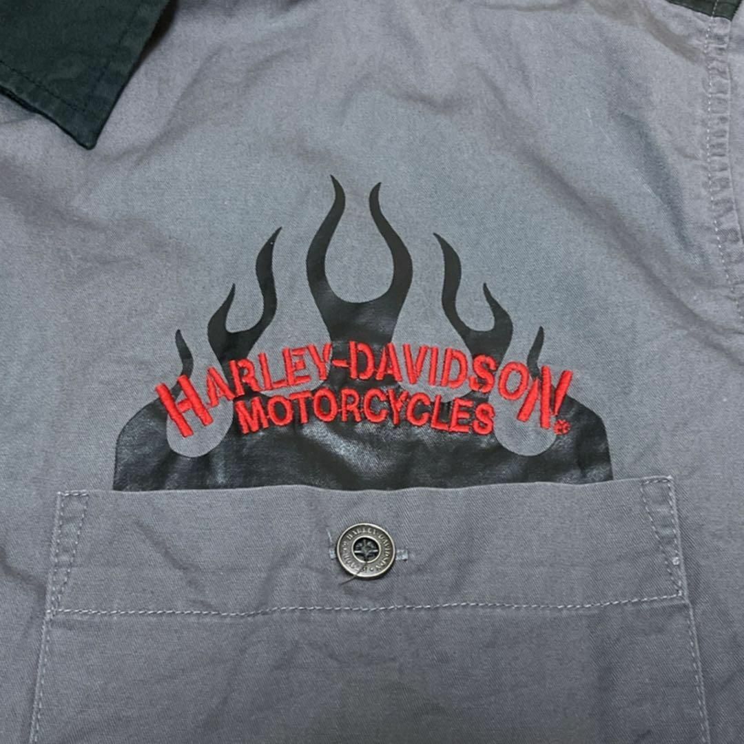 Harley Davidson(ハーレーダビッドソン)の90s HARLEY DAVIDSON ワークシャツ 刺繍 ファイヤー メンズのトップス(Tシャツ/カットソー(半袖/袖なし))の商品写真
