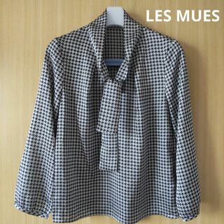 ☆LES MUES　アオキ　ボウタイブラウス　ブラック×グレー　S　千鳥格子柄