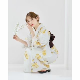 新品浴衣4点set夏色の水彩花重ね（黄色）Y4-32　【帯ブラウン】黄色花浴衣　(浴衣)