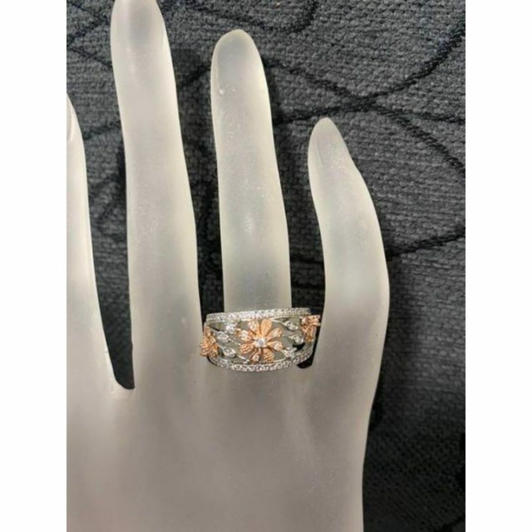 （1169）12号 シルバー×ピンクゴールドお花のスワロワイドリング　指輪 レディースのアクセサリー(リング(指輪))の商品写真