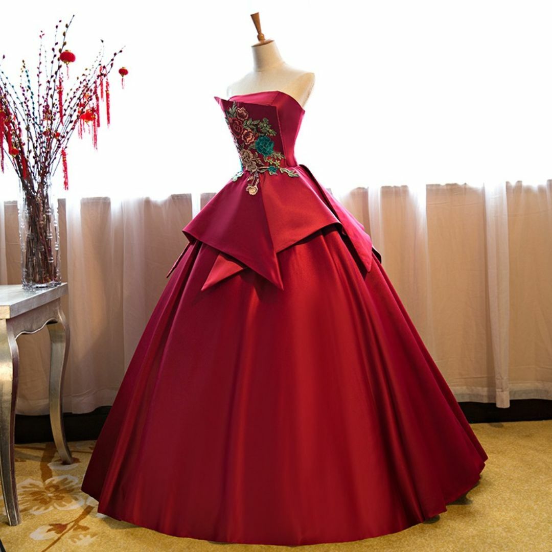 レッド 刺繍お花ドレス ウェディングドレス ロングワンピース 11R レディースのフォーマル/ドレス(ウェディングドレス)の商品写真