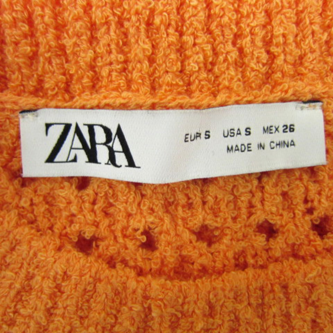 ZARA(ザラ)のザラ サマーニット ショート丈 五分袖 クルーネック 透かし編み S オレンジ レディースのトップス(ニット/セーター)の商品写真