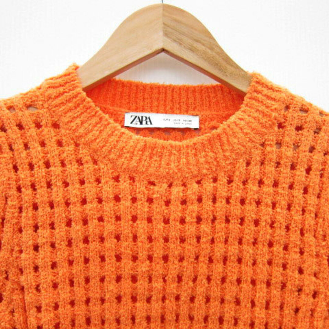 ZARA(ザラ)のザラ サマーニット ショート丈 五分袖 クルーネック 透かし編み S オレンジ レディースのトップス(ニット/セーター)の商品写真
