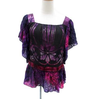 アナスイ(ANNA SUI)のアナスイ ブラウス カットソー 半袖 フレアスリーブ 総柄 P S 黒 紫(シャツ/ブラウス(半袖/袖なし))