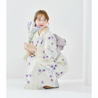 新品浴衣4点セット淡藤チューリップの花調べY4-29　紫花白地浴衣帯ライトグレー(浴衣)