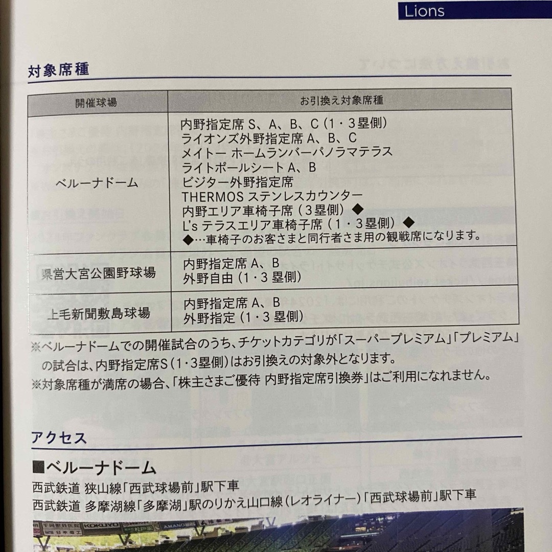 埼玉西武ライオンズ(サイタマセイブライオンズ)の西武HD株主優待 埼玉西武ライオンズ 内野指定席引換券 2枚 チケットのスポーツ(野球)の商品写真