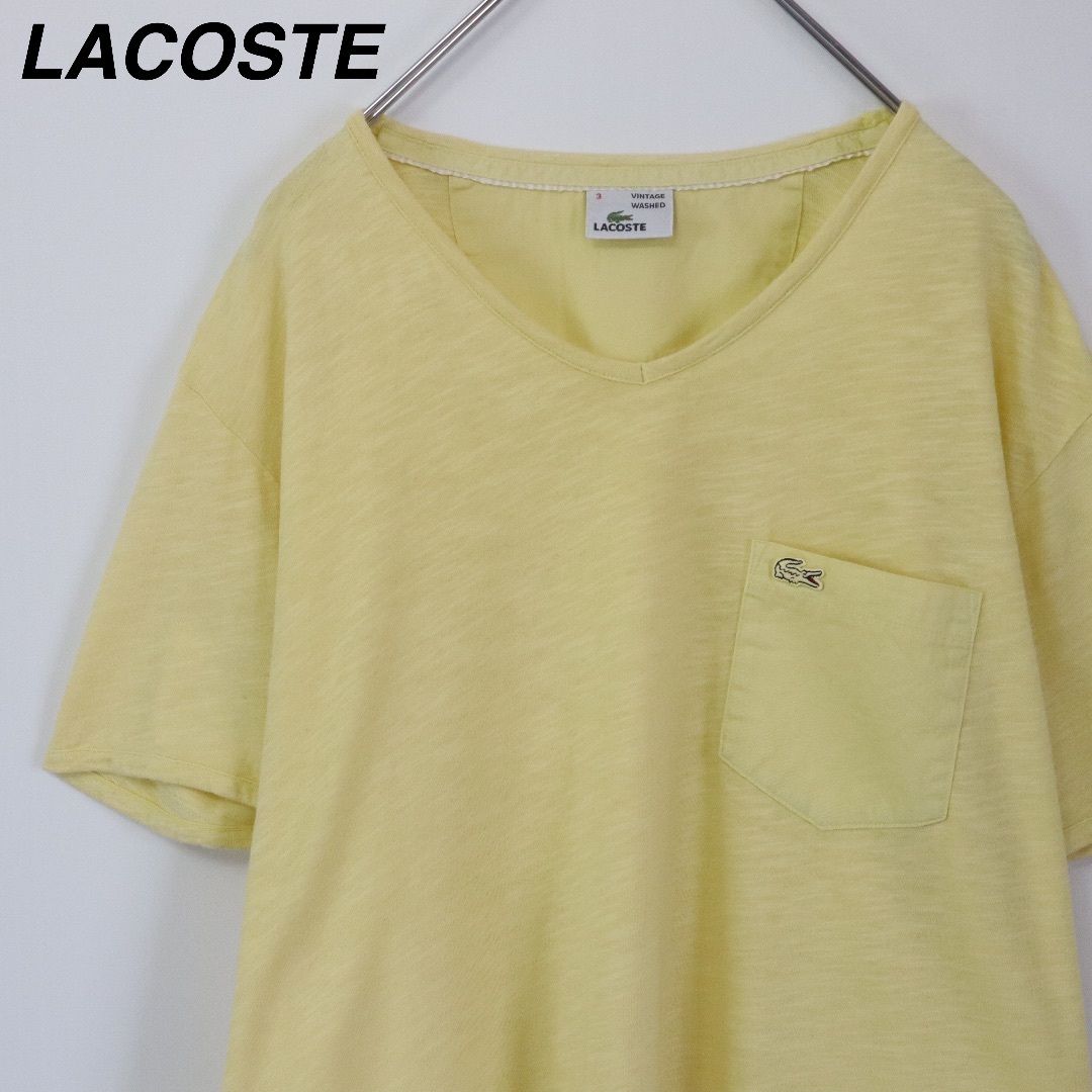 LACOSTE(ラコステ)の【ビンテージウォッシュ加工】ラコステ／Tシャツ　刺繍ロゴ　Vネック　無地　黄色 メンズのトップス(Tシャツ/カットソー(半袖/袖なし))の商品写真