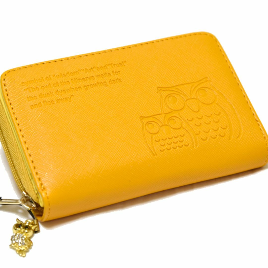 新品 フクロウ 財布 レザー 二つ折り ファスナー イエロー 縁起 黄色 合皮 レディースのファッション小物(財布)の商品写真