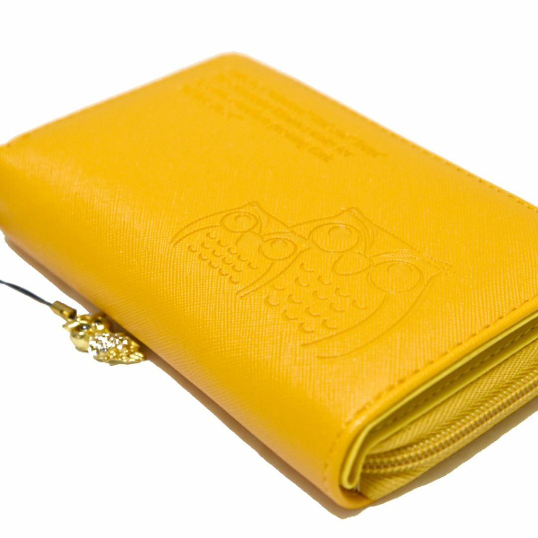 新品 フクロウ 財布 レザー 二つ折り ファスナー イエロー 縁起 黄色 合皮 レディースのファッション小物(財布)の商品写真