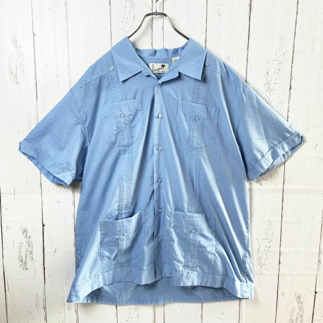 VINTAGE(ヴィンテージ)のキューバ シャツ メキシカンシャツパナマ 開襟シャツ 半袖 古着 ブルー XL メンズのトップス(シャツ)の商品写真