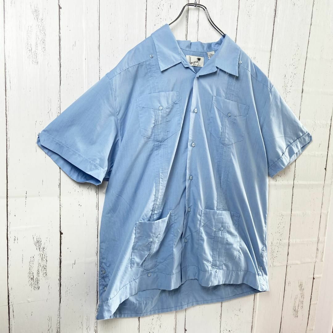 VINTAGE(ヴィンテージ)のキューバ シャツ メキシカンシャツパナマ 開襟シャツ 半袖 古着 ブルー XL メンズのトップス(シャツ)の商品写真