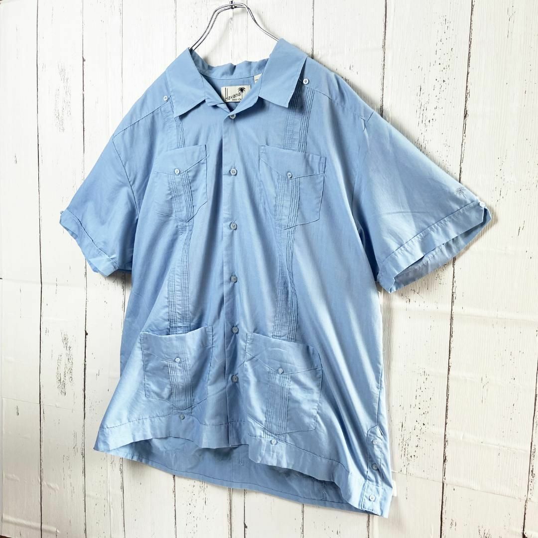 VINTAGE(ヴィンテージ)のキューバ シャツ メキシカンシャツパナマ 開襟シャツ 半袖 古着 ブルー XL メンズのトップス(シャツ)の商品写真