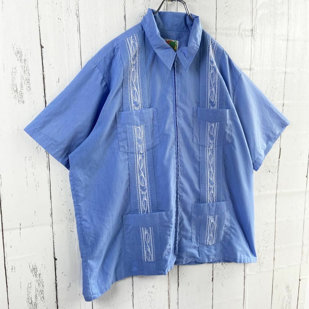 VINTAGE(ヴィンテージ)のキューバ シャツ メキシカン ジップアップ 開襟シャツ 古着 XL ライトブルー メンズのトップス(シャツ)の商品写真