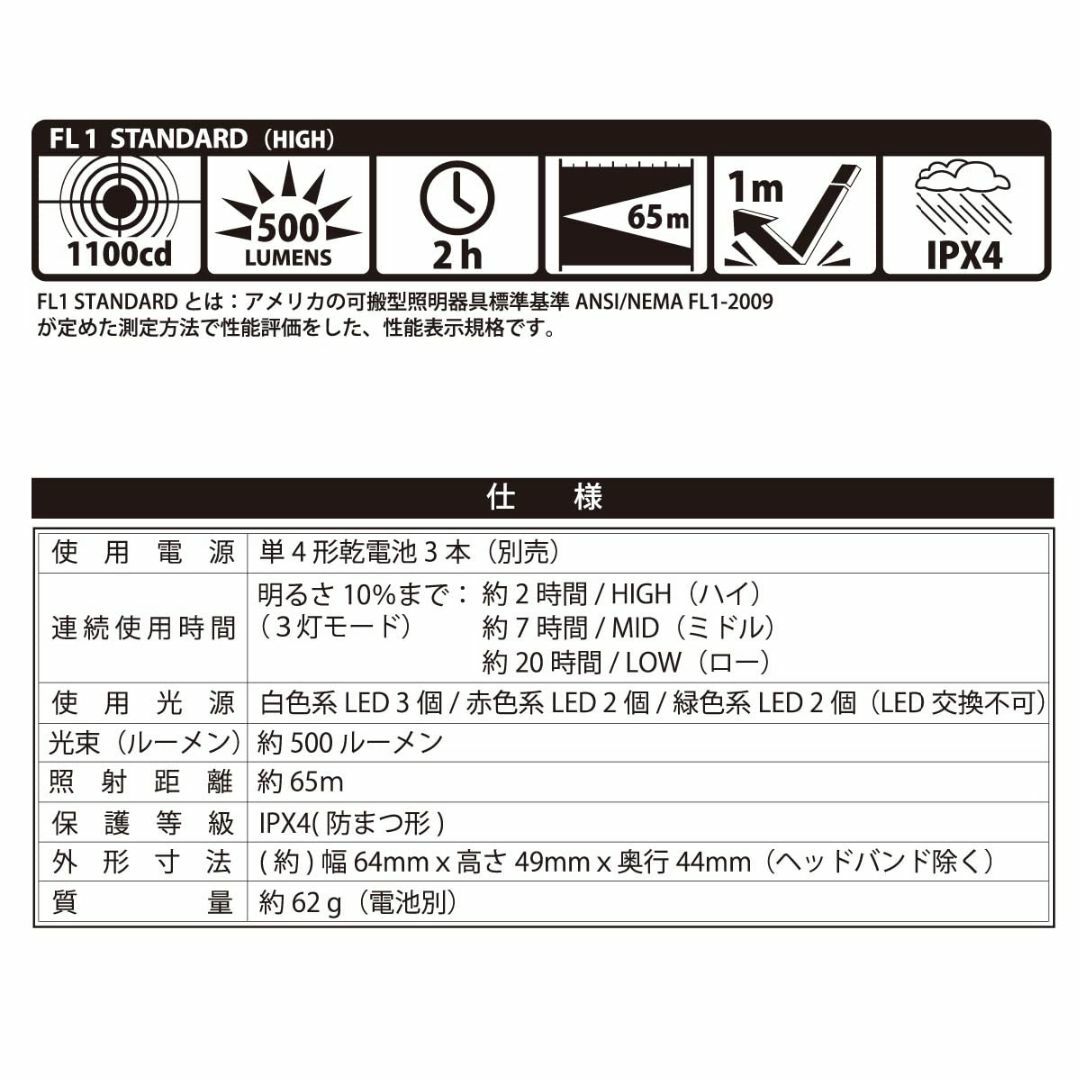 【色: ブラック】オームOHM 電機 LEDヘッドライト ヘッドラップ 白色赤色 スポーツ/アウトドアのアウトドア(ライト/ランタン)の商品写真