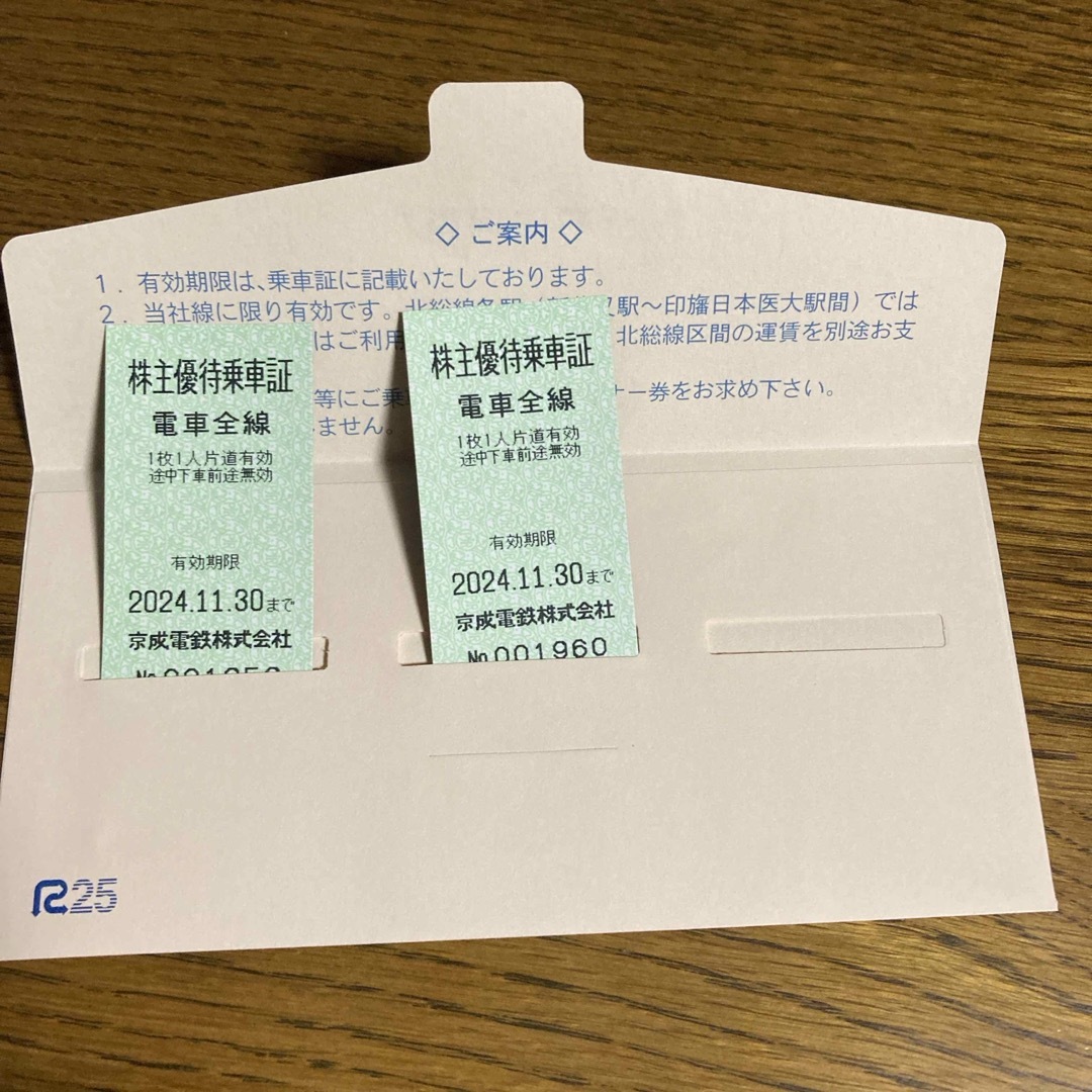 京成電鉄　株式優待乗車証　2枚　有効期限2024.11.30 チケットの乗車券/交通券(鉄道乗車券)の商品写真