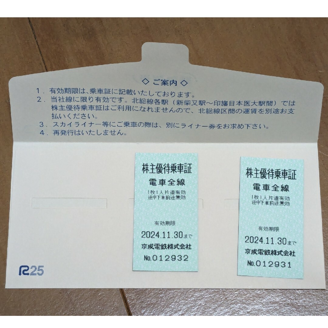 京成電鉄 株主優待乗車証2枚組 チケットの乗車券/交通券(鉄道乗車券)の商品写真