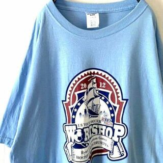 ジャージーズ(JERZEES)のワークショップ サッカー 船 Tシャツ XL ライトブルー 水色 古着(Tシャツ/カットソー(半袖/袖なし))
