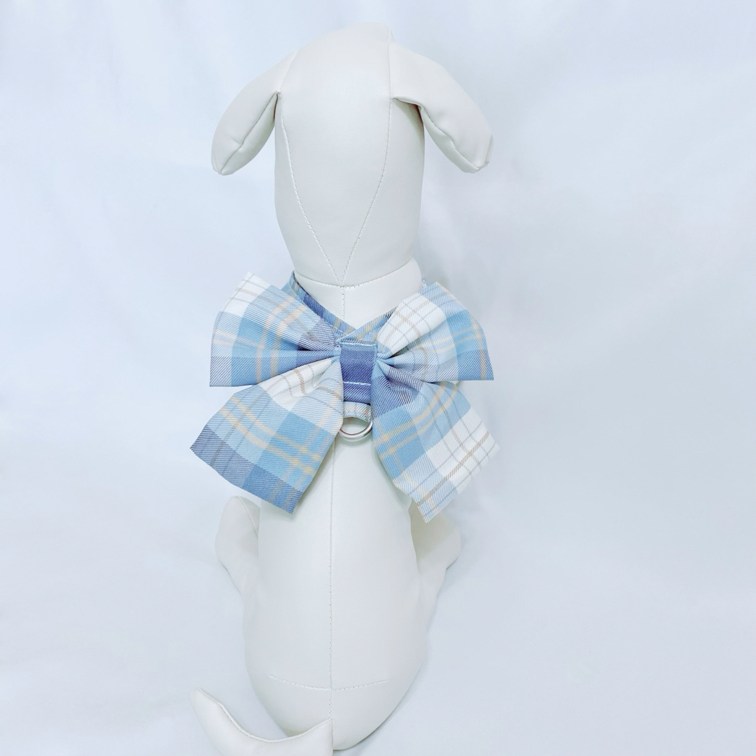 新品 S ビッグリボン チェック ハーネス リード セット （水色短丈） 犬服 その他のペット用品(犬)の商品写真