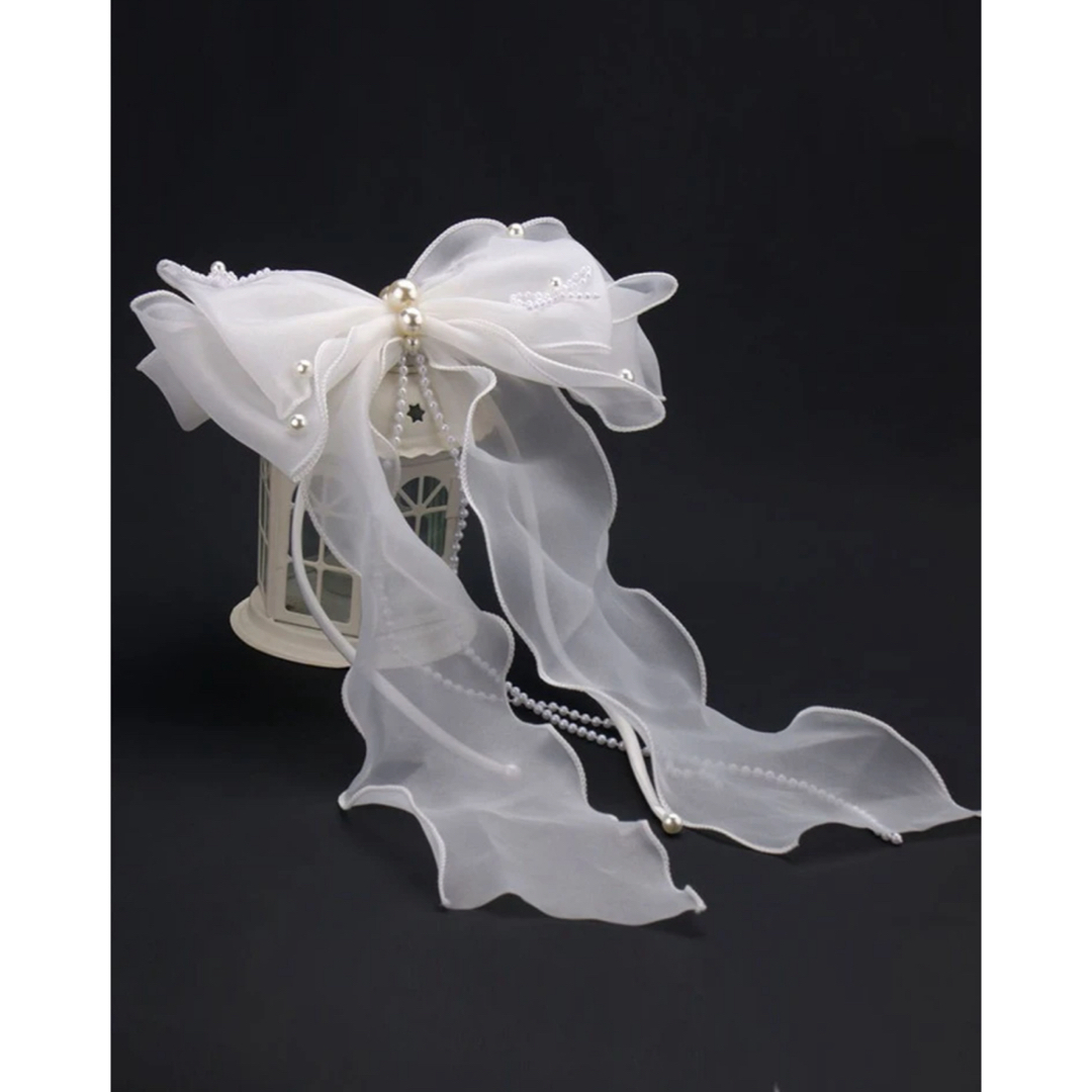 ヘアリボン パール ホワイト シースルー レディースのヘアアクセサリー(ヘアゴム/シュシュ)の商品写真