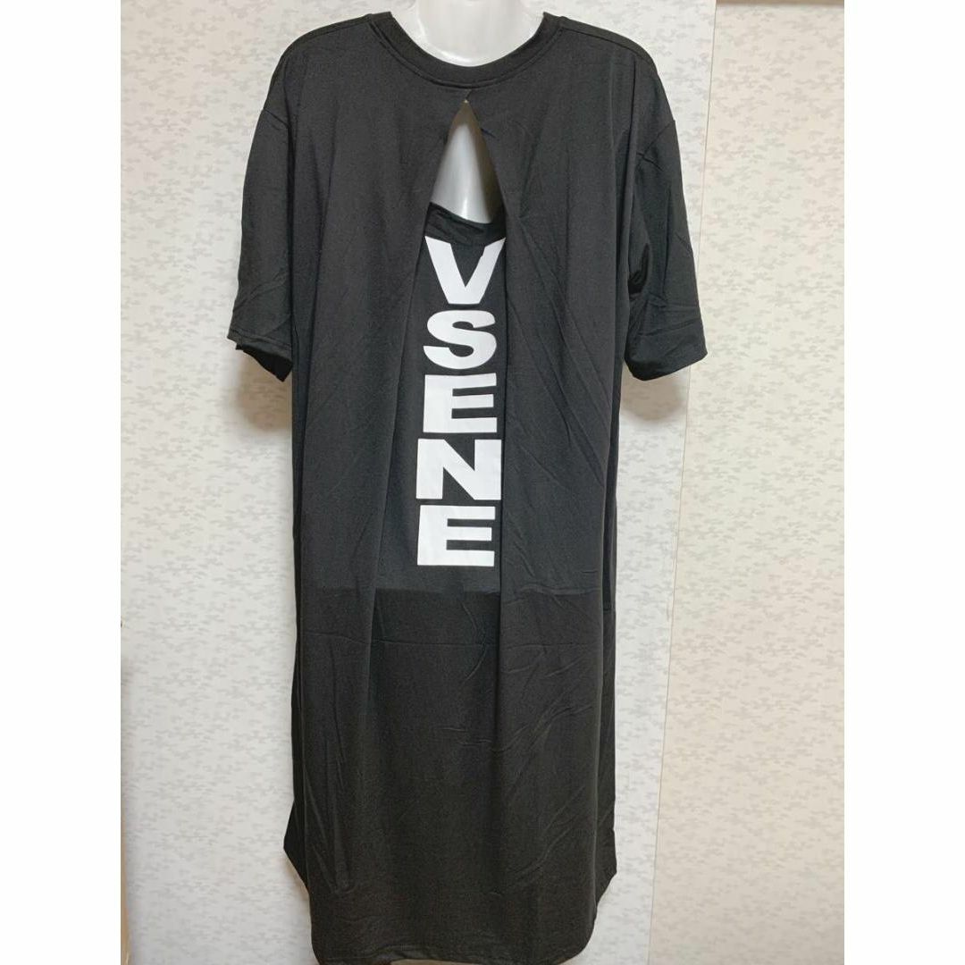 Tシャツワンピース 黒 ブラックロングシャツ レディース 背開き ルームウェア レディースのワンピース(ロングワンピース/マキシワンピース)の商品写真