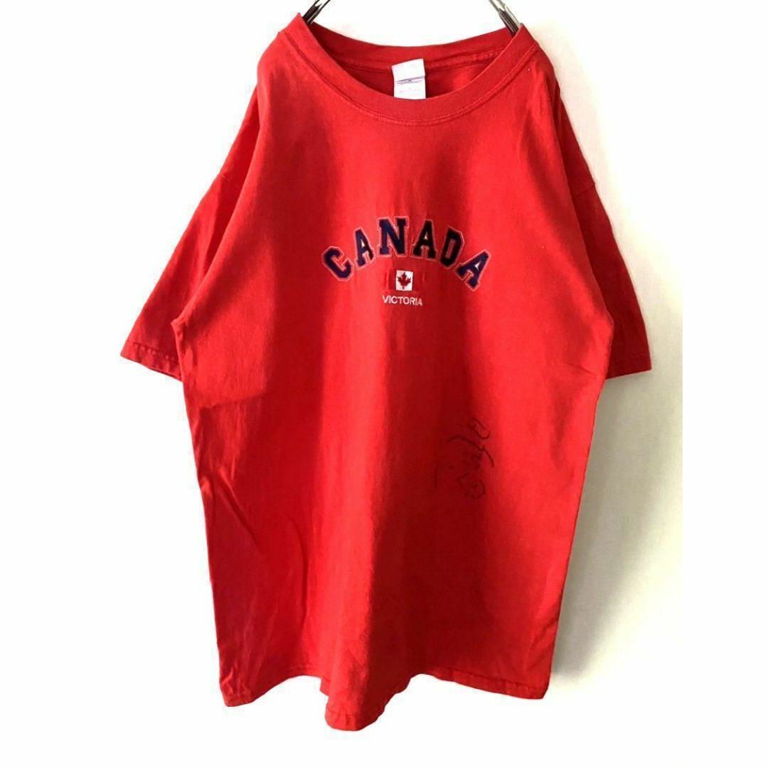 カナダ CANADA VICTORIA 刺繍 Tシャツ L レッド 赤 古着 メンズのトップス(Tシャツ/カットソー(半袖/袖なし))の商品写真