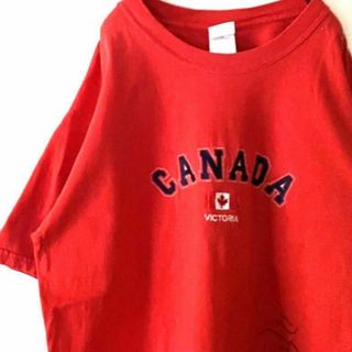 カナダ CANADA VICTORIA 刺繍 Tシャツ L レッド 赤 古着(Tシャツ/カットソー(半袖/袖なし))