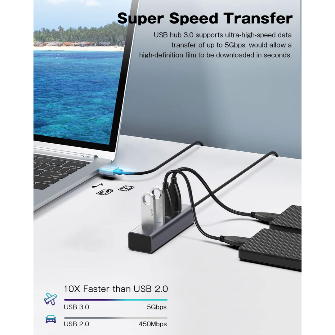 usbハブ 3.0 usbポート 4ポートハブ usb hub 高速転送 スマホ/家電/カメラのオーディオ機器(その他)の商品写真