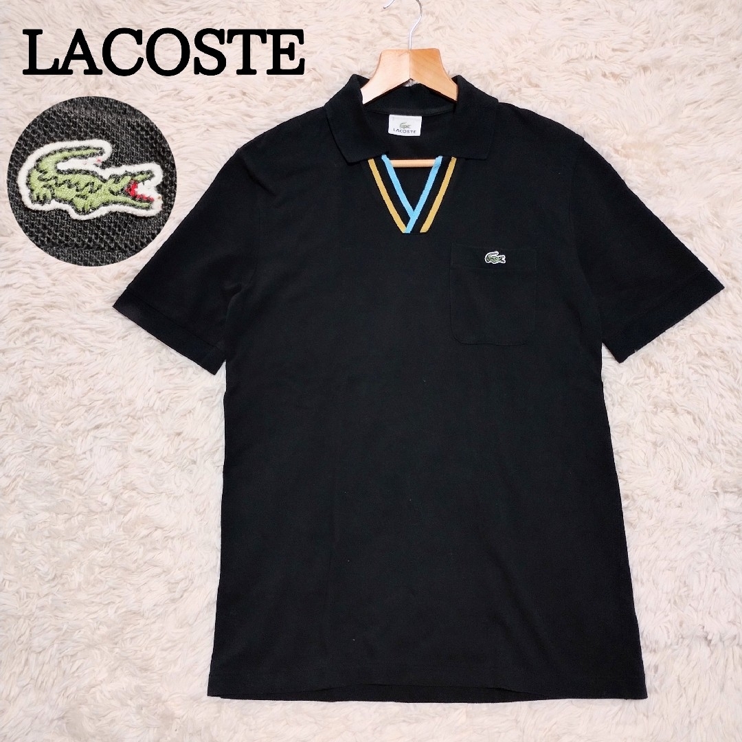 LACOSTE(ラコステ)のLACOSTE　ラコステ　ポロシャツ　ノーボタン　ボタンレス　Vネック　黒　L メンズのトップス(ポロシャツ)の商品写真