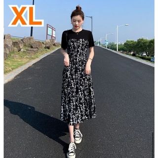 【残りわずか】小花柄 ワンピース XL 半袖 ロング丈 韓国 カジュアル 上品(ロングワンピース/マキシワンピース)