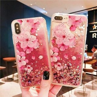 iPhone 15 14　ケース　流れ砂　キラキラ　さくら　桜　桃の花　スマホ(iPhoneケース)