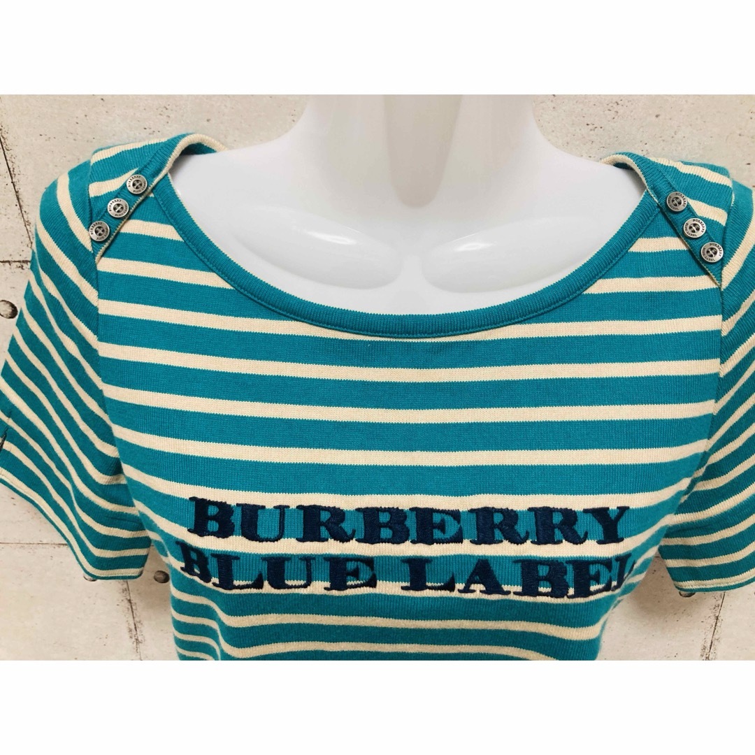 BURBERRY BLUE LABEL(バーバリーブルーレーベル)の美品☆Burberryバーバリー☆ ロゴ刺繍グリーンボーダー　トップスMサイズ レディースのトップス(カットソー(半袖/袖なし))の商品写真