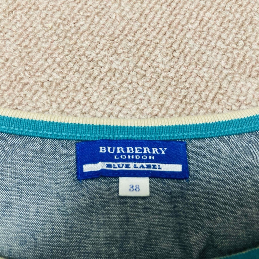 BURBERRY BLUE LABEL(バーバリーブルーレーベル)の美品☆Burberryバーバリー☆ ロゴ刺繍グリーンボーダー　トップスMサイズ レディースのトップス(カットソー(半袖/袖なし))の商品写真