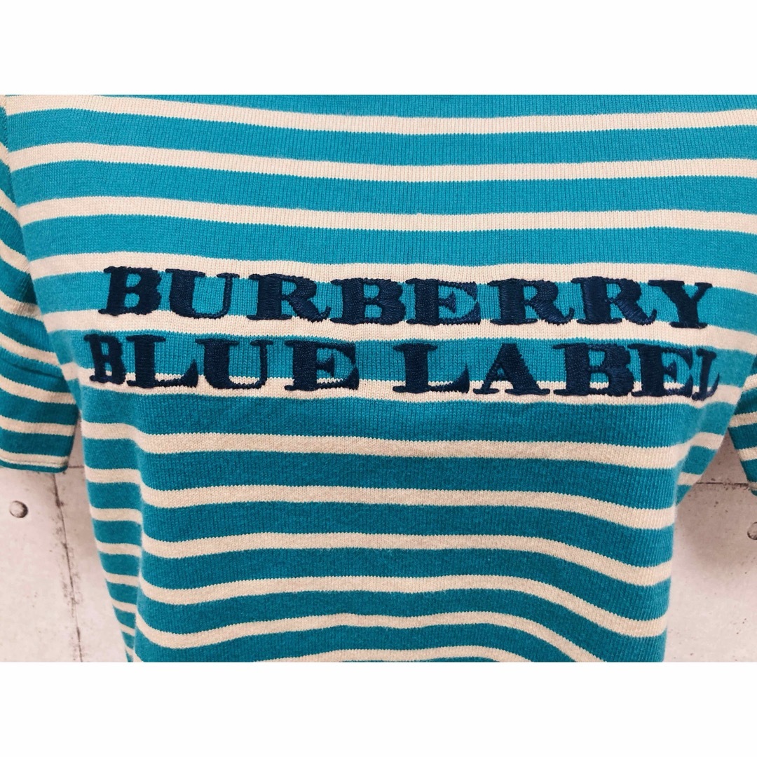 BURBERRY BLUE LABEL(バーバリーブルーレーベル)の美品☆Burberryバーバリー☆ ロゴ刺繍グリーンボーダー　トップスMサイズ レディースのトップス(カットソー(半袖/袖なし))の商品写真