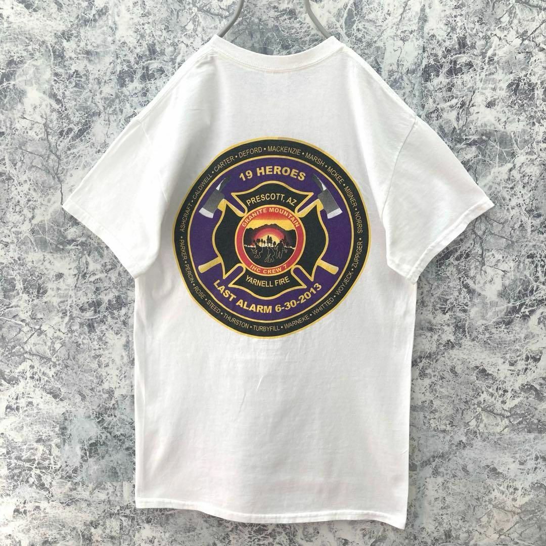 IT117 US古着ギルダン米国プレスコット消防士慈善団体バックデカロゴTシャツ メンズのトップス(Tシャツ/カットソー(半袖/袖なし))の商品写真