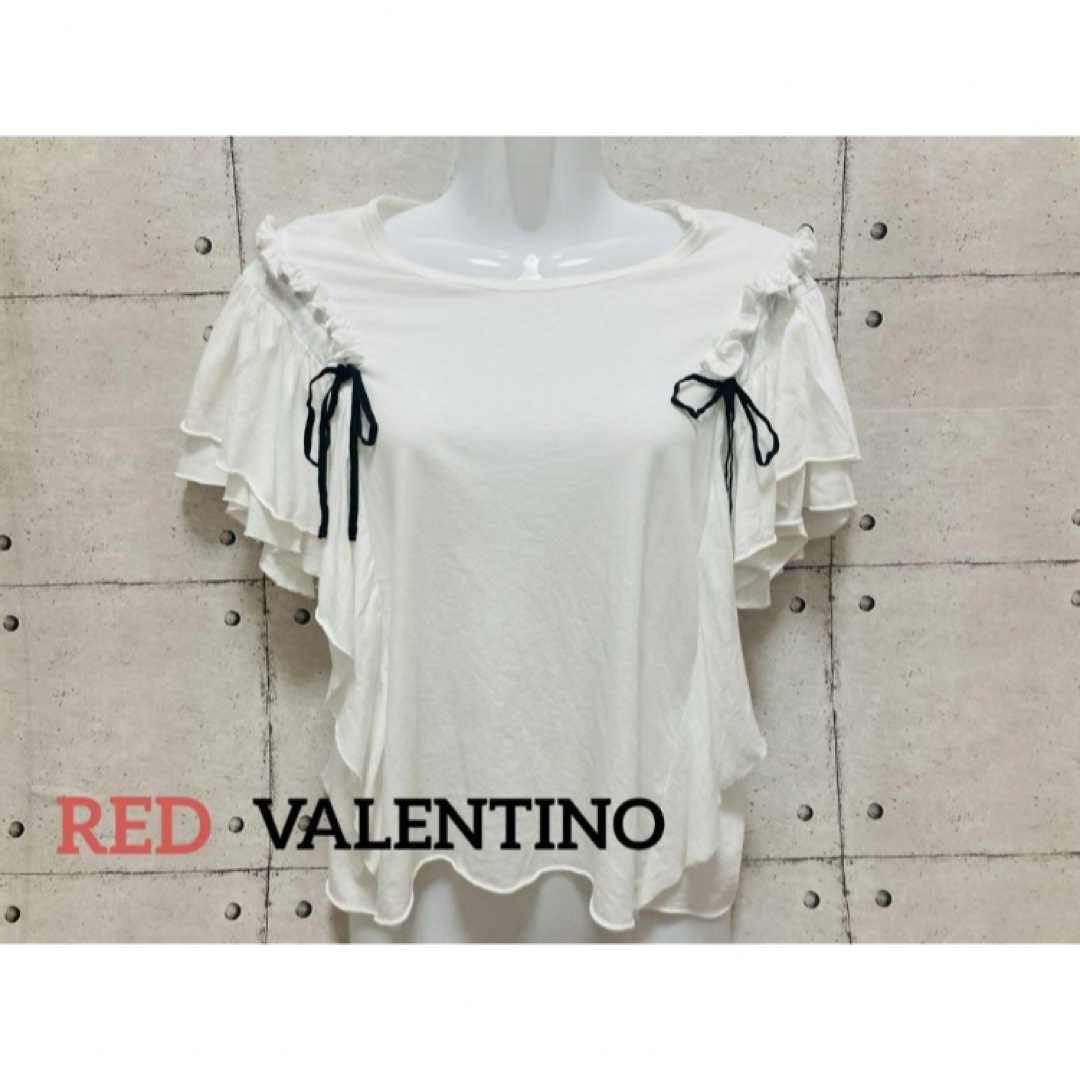 RED VALENTINO(レッドヴァレンティノ)のRED VALENTINO トップス　カットソー　リボン　フリル　ドレープ　M レディースのトップス(シャツ/ブラウス(半袖/袖なし))の商品写真