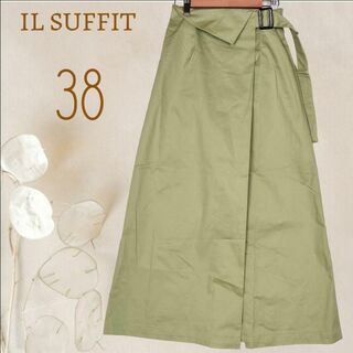 b4287【イルサフィ】巻きスカート風ロングスカートM緑ストレッチ美品 可愛い(ロングスカート)