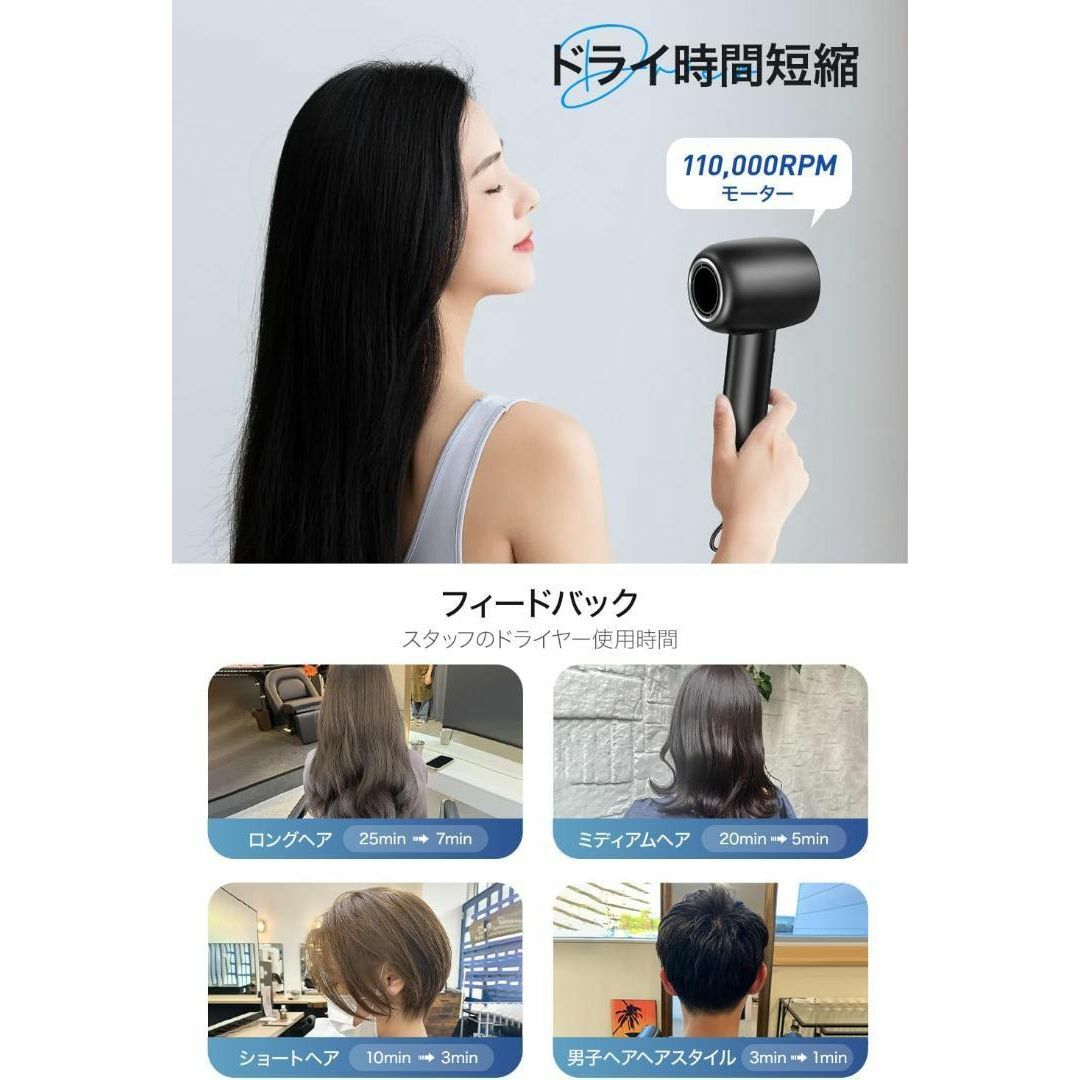 ヘアドライヤー 高速ヒーター ドライヤー 大風量 潤い 高濃度マイナスイオン スマホ/家電/カメラの美容/健康(ドライヤー)の商品写真