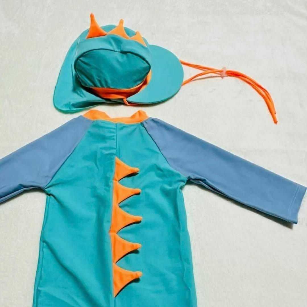 新品♪　水着 ラッシュガード 男の子 ミント グリーン 恐竜 帽子付 90 キッズ/ベビー/マタニティのキッズ服男の子用(90cm~)(水着)の商品写真