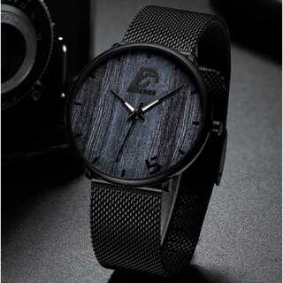 腕時計 男性 メンズ 黒 ブラック ステンレス鋼 メッシュ ステンレスベルト(腕時計)
