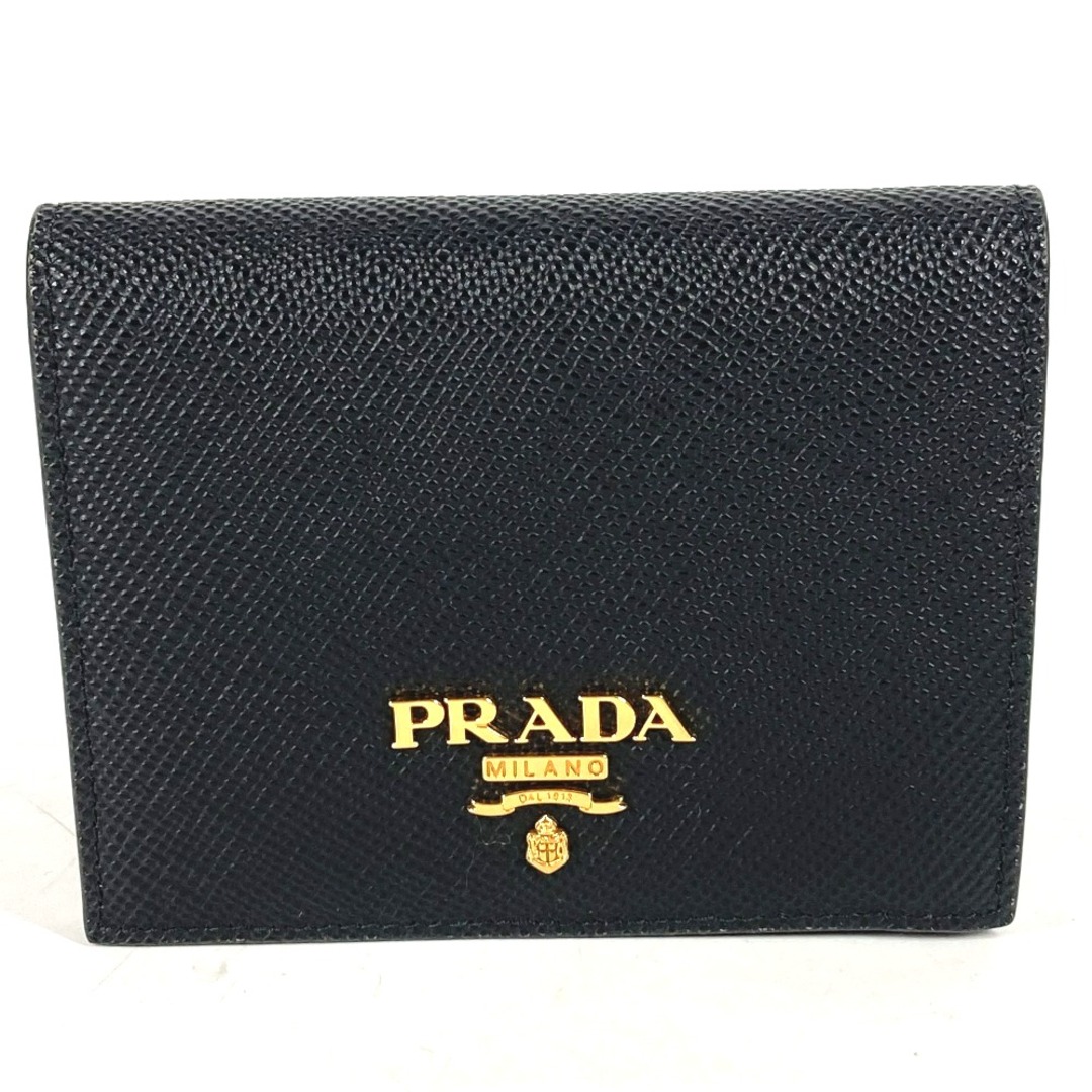 PRADA(プラダ)のプラダ PRADA ロゴ コンパクトウォレット 2つ折り財布 レザー ブラック 新品同様 レディースのファッション小物(財布)の商品写真