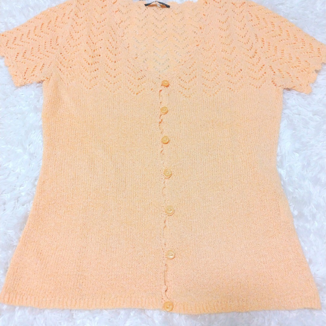 CECILE SOUR 半袖 サマー ニット カーディガン オレンジ 透かし編み レディースのトップス(カーディガン)の商品写真