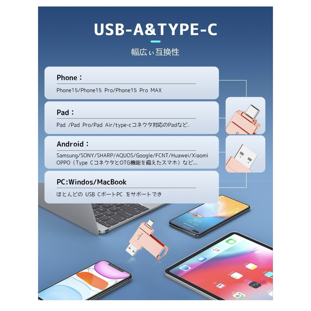 usbメモリ 1TB タイプc＆USB-A 2in1 大容量　シルバー スマホ/家電/カメラのスマホアクセサリー(その他)の商品写真