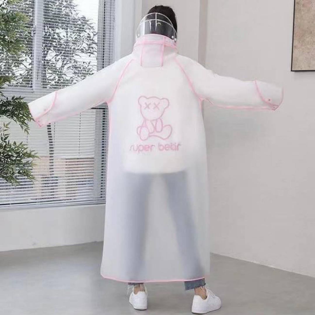 レインコートロング丈 ピンクライン3XL 通勤通学 男女兼用 レインバイザー付 レディースのファッション小物(レインコート)の商品写真